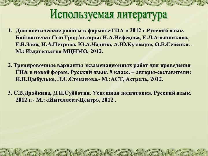 1. Диагностические работы в формате ГИА в 2012 г. Русский язык. Библиотечка Стат. Град