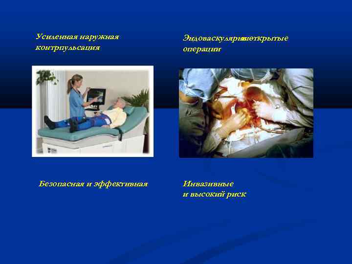 Усиленная наружная контрпульсация Безопасная и эффективная Эндоваскулярные и открытые операции Инвазивные и высокий риск