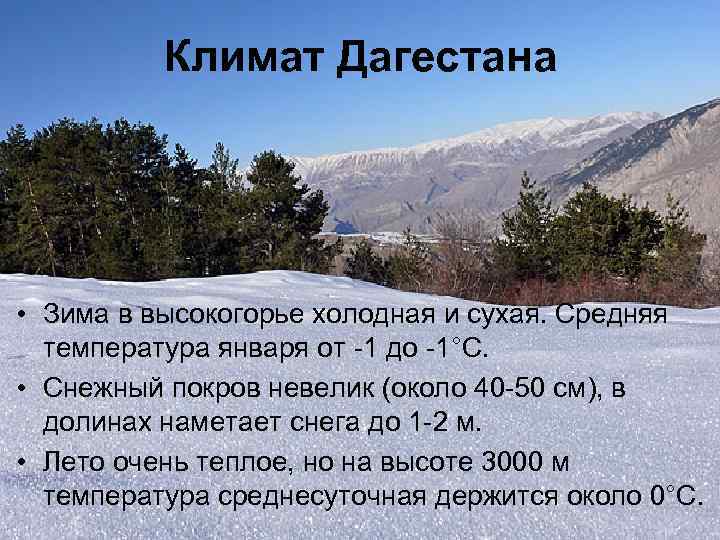 Климат Дагестана • Зима в высокогорье холодная и сухая. Средняя температура января от -1