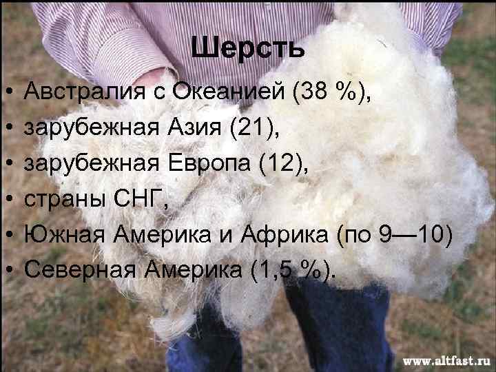 Шерсть • • • Австралия с Океанией (38 %), зарубежная Азия (21), зарубежная Европа