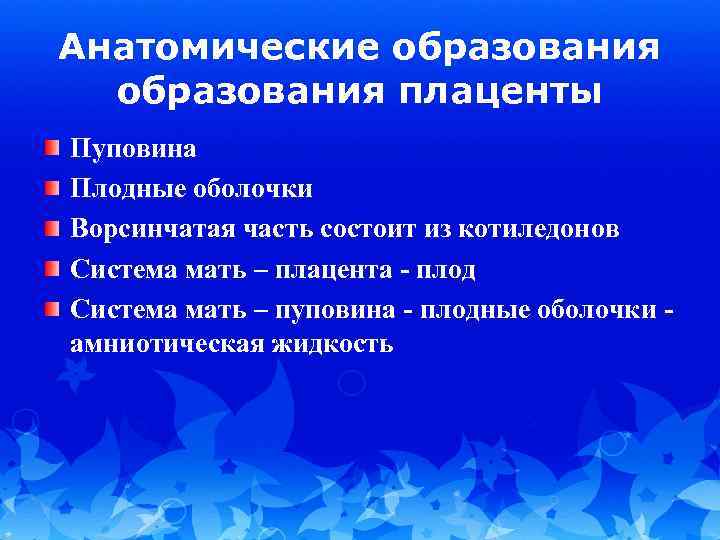 Анатомические образования плаценты Пуповина Плодные оболочки Ворсинчатая часть состоит из котиледонов Система мать –