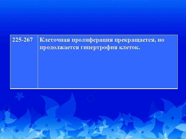 225 -267 Клеточная пролиферация прекращается, но продолжается гипертрофия клеток. 