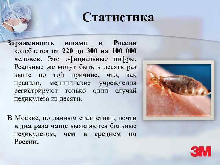 Статистика Зараженность вшами в России колеблется от 220 до 300 на 100 000 человек.