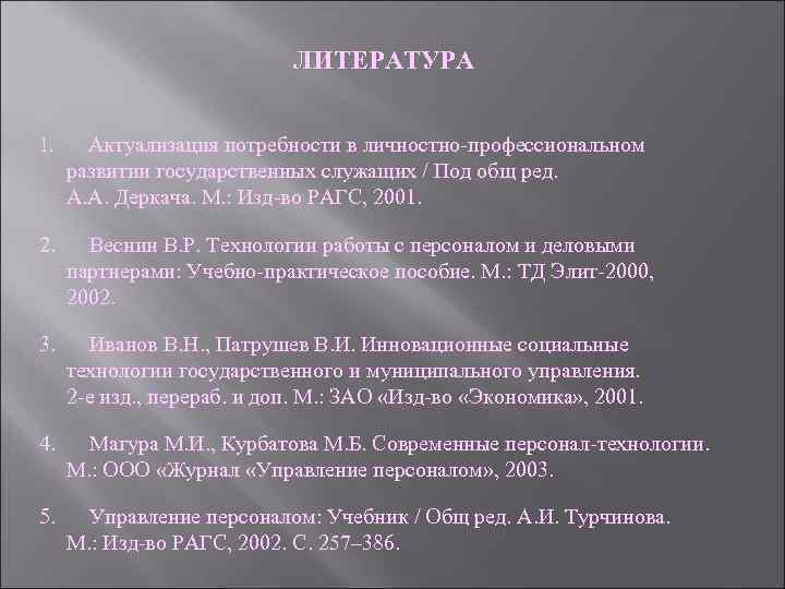 ЛИТЕРАТУРА 1. Актуализация потребности в личностно-профессиональном развитии государственных служащих / Под общ ред. А.