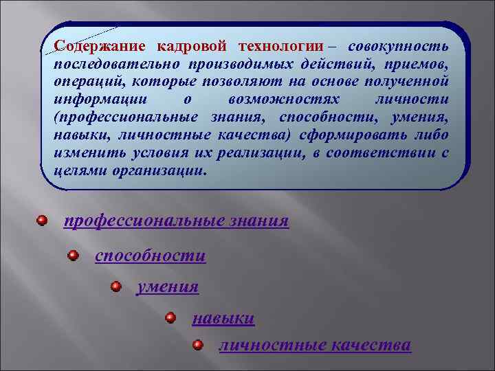 Содержание кадровой технологии – совокупность последовательно производимых действий, приемов, операций, которые позволяют на основе