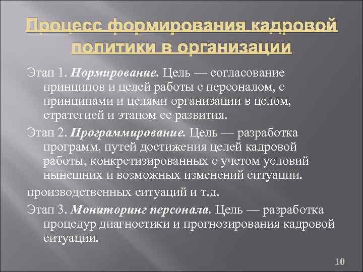 Процесс формирования кадровой политики в организации Этап 1. Нормирование. Цель — согласование принципов и