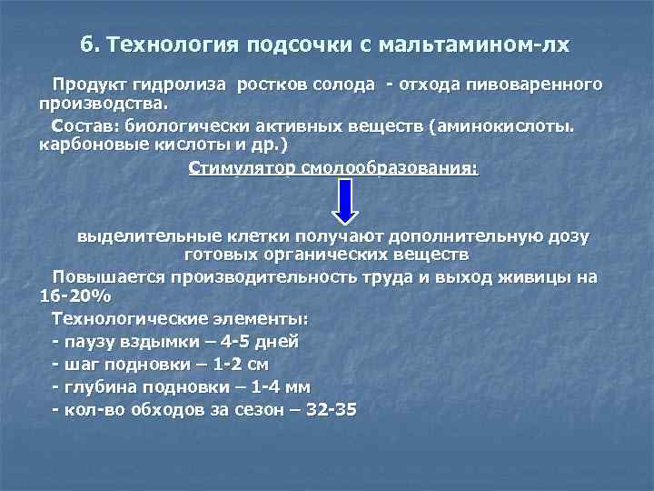 6. Технология подсочки с мальтамином-лх Продукт гидролиза ростков солода - отхода пивоваренного производства. Состав: