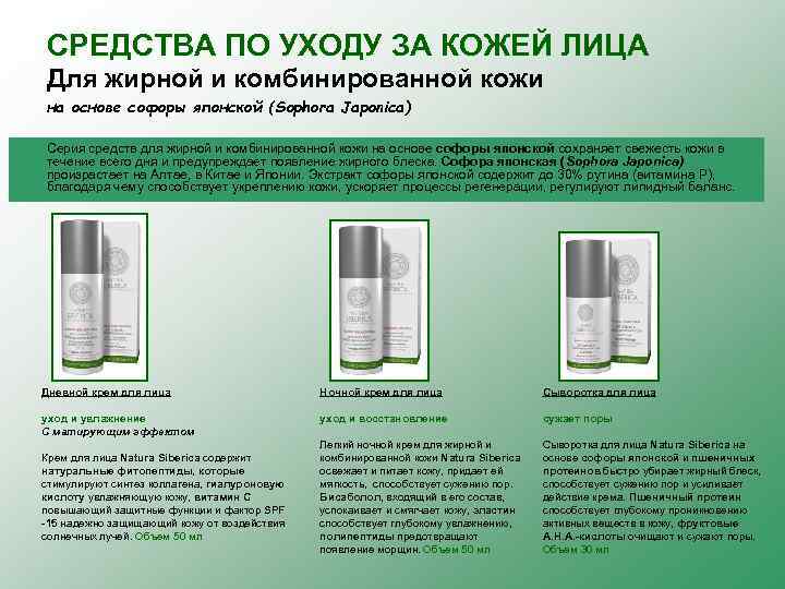 СРЕДСТВА ПО УХОДУ ЗА КОЖЕЙ ЛИЦА Для жирной и комбинированной кожи на основе софоры