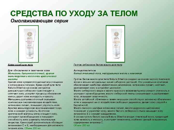 СРЕДСТВА ПО УХОДУ ЗА ТЕЛОМ Омолаживающая серия Крем-скраб для тела Густое сибирское белое масло