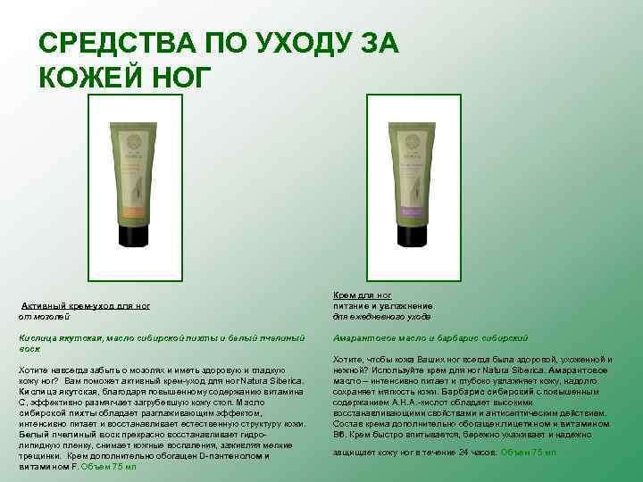 СРЕДСТВА ПО УХОДУ ЗА КОЖЕЙ НОГ Активный крем-уход для ног от мозолей Кислица якутская,