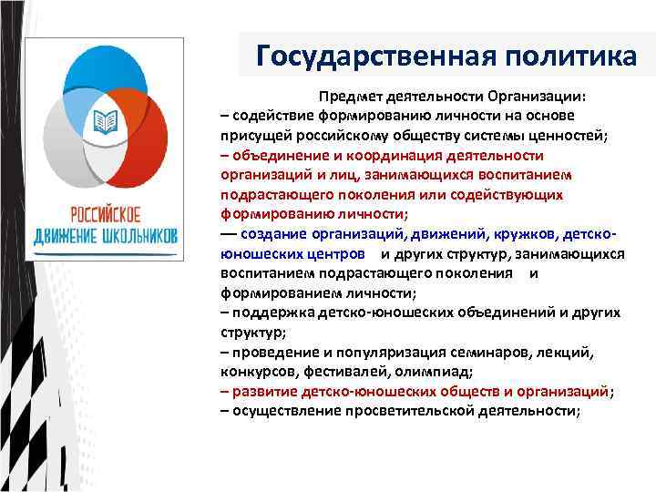 Государственная политика Предмет деятельности Организации: – содействие формированию личности на основе присущей российскому обществу