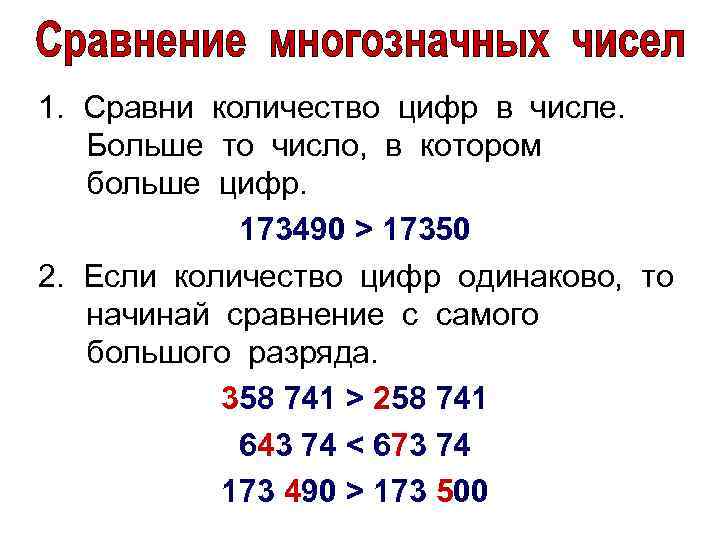 1. Сравни количество цифр в числе. Больше то число, в котором больше цифр. 173490