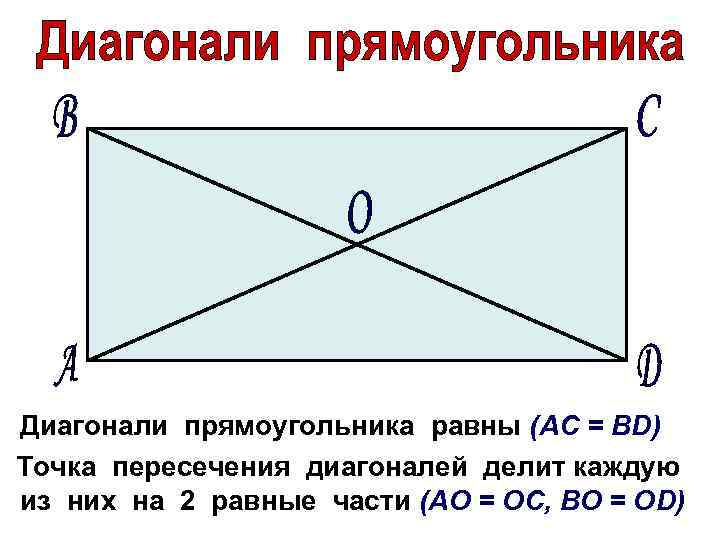 Диагонали прямоугольника равны (АС = ВD) Точка пересечения диагоналей делит каждую из них на