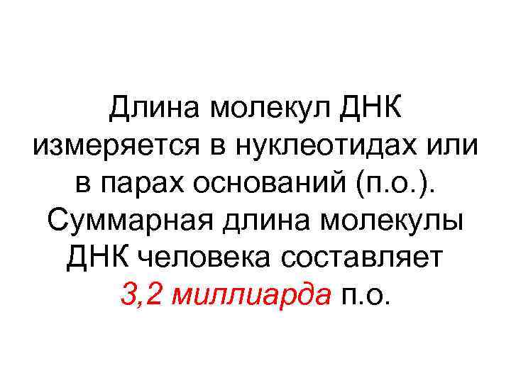 Длина молекул ДНК измеряется в нуклеотидах или в парах оснований (п. о. ). Суммарная