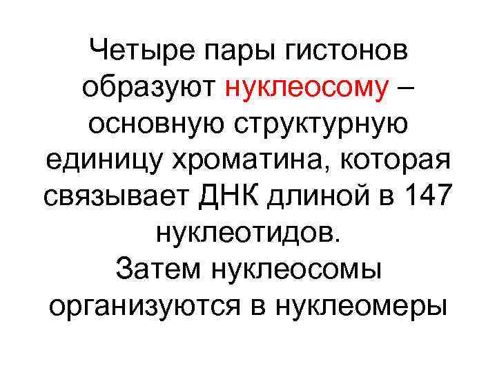 Четыре пары гистонов образуют нуклеосому – основную структурную единицу хроматина, которая связывает ДНК длиной