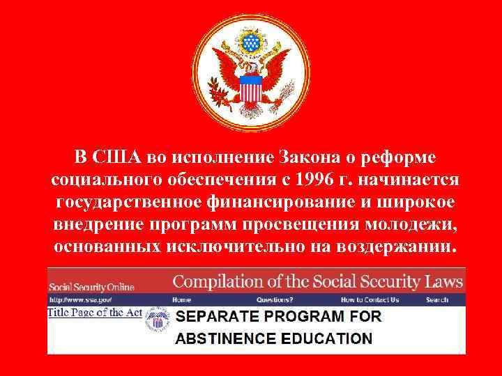 В США во исполнение Закона о реформе социального обеспечения с 1996 г. начинается государственное