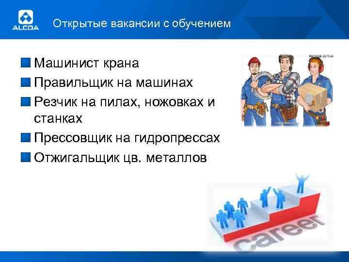 Открытые вакансии с обучением Машинист крана Правильщик на машинах Резчик на пилах, ножовках и