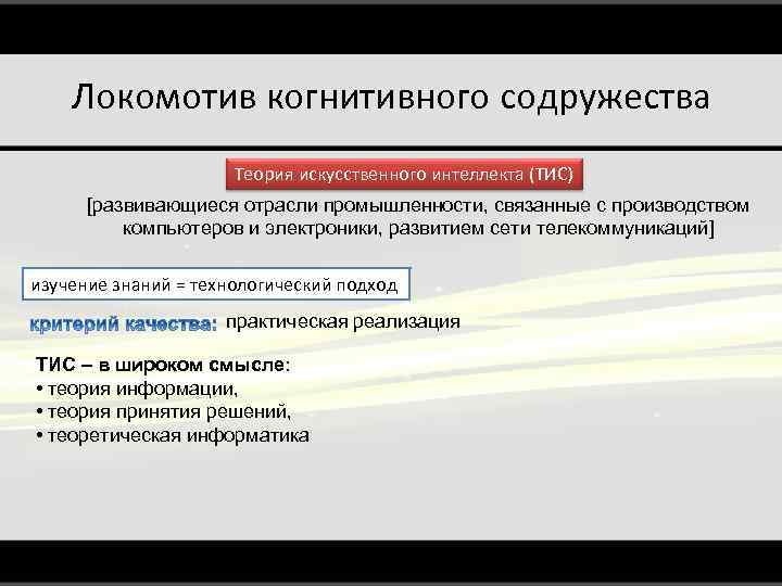 Локомотив когнитивного содружества Теория искусственного интеллекта (ТИС) [развивающиеся отрасли промышленности, связанные с производством компьютеров