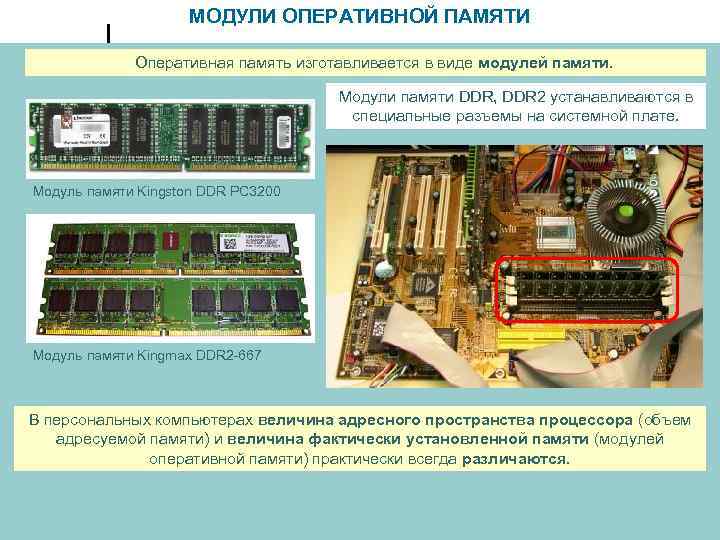 МОДУЛИ ОПЕРАТИВНОЙ ПАМЯТИ Оперативная память изготавливается в виде модулей памяти. Модули памяти DDR, DDR
