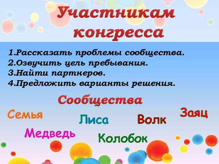 Участникам конгресса 1. Рассказать проблемы сообщества. 2. Озвучить цель пребывания. 3. Найти партнеров. 4.