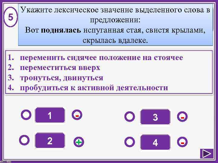 Укажите лексическое значение выделенного слова в 5 предложении: Вот поднялась испуганная стая, свистя крылами,