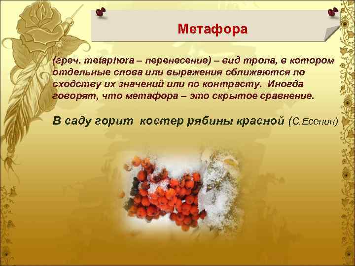 Метафора (греч. metaphora – перенесение) – вид тропа, в котором отдельные слова или выражения