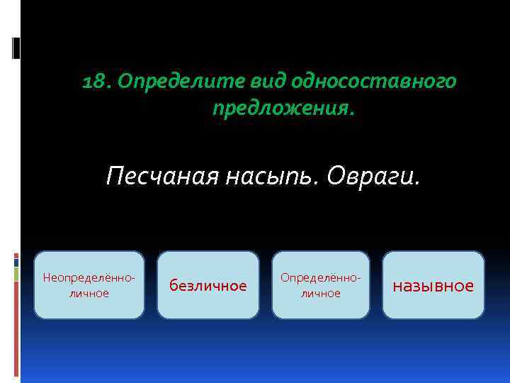 18. Определите вид односоставного предложения. Песчаная насыпь. Овраги. Неопределённоличное безличное Определённоличное назывное 