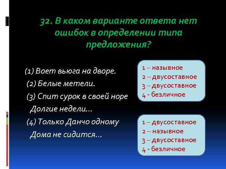 32. В каком варианте ответа нет ошибок в определении типа предложения? (1) Воет вьюга