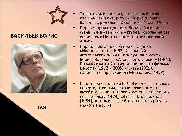  • • ВАСИЛЬЕВ БОРИС • • 1924 Талантливый прозаик, признанный классик современной литературы,