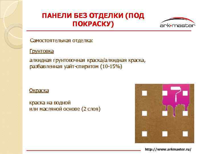 ПАНЕЛИ БЕЗ ОТДЕЛКИ (ПОД ПОКРАСКУ) Самостоятельная отделка: Грунтовка алкидная грунтовочная краска/алкидная краска, разбавленная уайт-спиритом