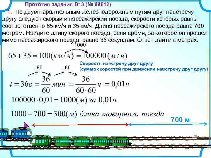 Прототип задания B 13 (№ 99612) 1. По двум параллельным железнодорожным путям друг навстречу