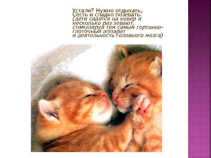 Устали? Нужно отдыхать, Сесть и сладко позевать. (дети садятся на ковер и несколько раз