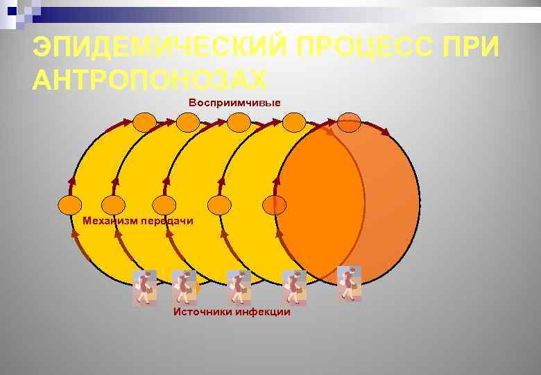 ЭПИДЕМИЧЕСКИЙ ПРОЦЕСС ПРИ АНТРОПОНОЗАХ Восприимчивые Механизм передачи Источники инфекции 