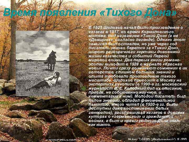 Время появления «Тихого Дона» • В 1925 Шолохов начал было произведение о казаках в