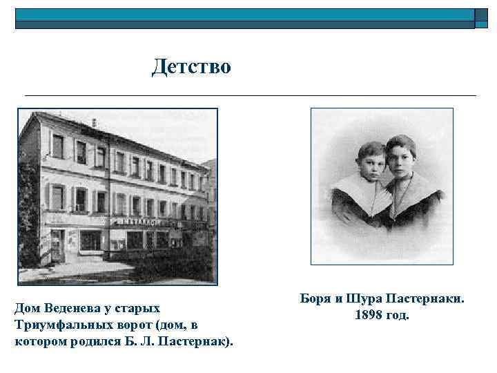 Детство Дом Веденева у старых Триумфальных ворот (дом, в котором родился Б. Л. Пастернак).