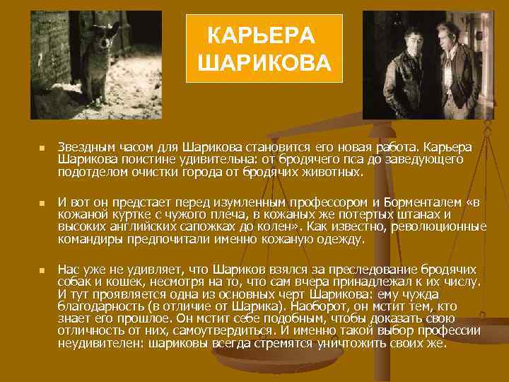 КАРЬЕРА ШАРИКОВА n n n Звездным часом для Шарикова становится его новая работа. Карьера