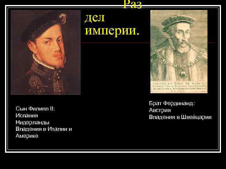Раз дел империи. Сын Филипп II: Испания Нидерланды Владения в Италии и Америке Брат