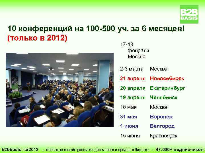 10 конференций на 100 -500 уч. за 6 месяцев! (только в 2012) 17 -19