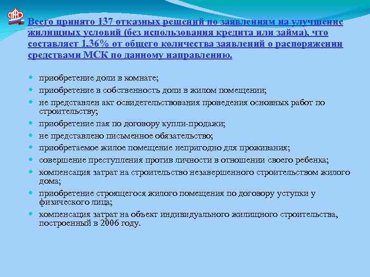 Всего принято 137 отказных решений по заявлениям на улучшение жилищных условий (без использования кредита