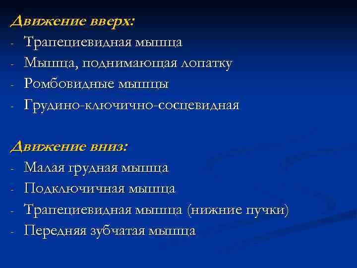 Движение вверх: - Трапециевидная мышца Мышца, поднимающая лопатку Ромбовидные мышцы Грудино-ключично-сосцевидная Движение вниз: -