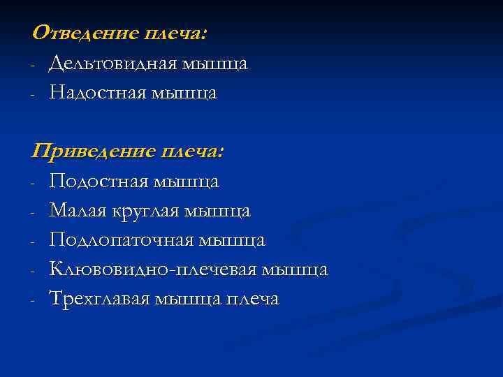 Отведение плеча: - Дельтовидная мышца Надостная мышца Приведение плеча: - Подостная мышца Малая круглая