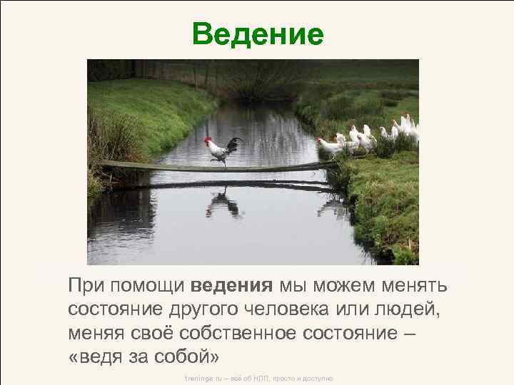 Ведение При помощи ведения мы можем менять состояние другого человека или людей, меняя своё
