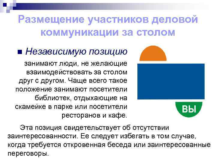 Размещение участников деловой коммуникации за столом n Независимую позицию занимают люди, не желающие взаимодействовать