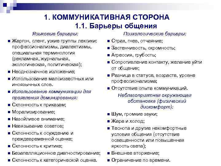 1. КОММУНИКАТИВНАЯ СТОРОНА 1. 1. Барьеры общения Языковые барьеры: n Жаргон, сленг, узкие группы