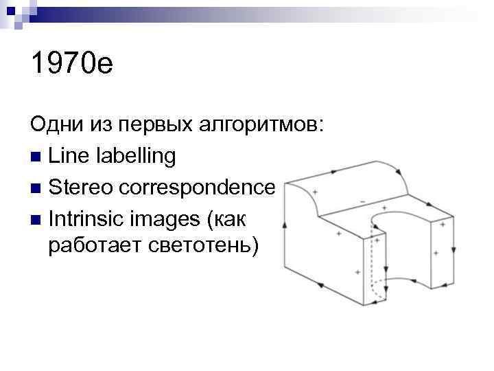 1970 е Одни из первых алгоритмов: n Line labelling n Stereo correspondence n Intrinsic