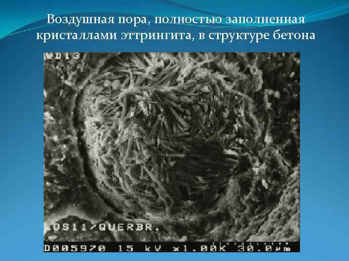 Воздушная пора, полностью заполненная кристаллами эттрингита, в структуре бетона 