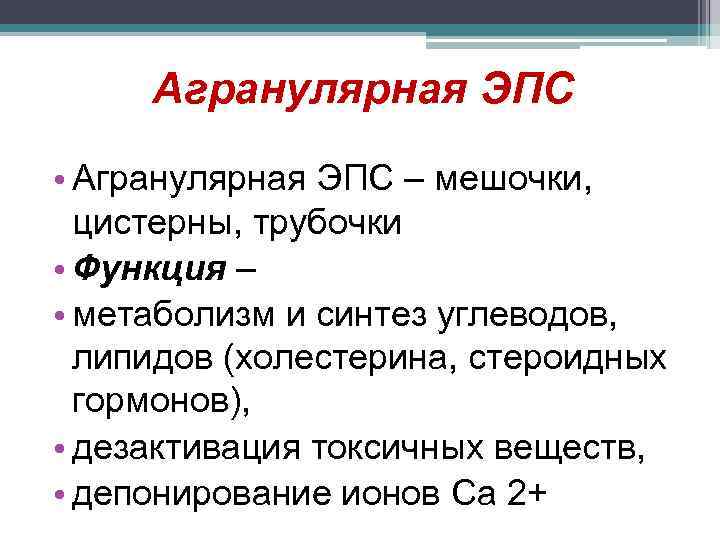 Агранулярная ЭПС • Агранулярная ЭПС – мешочки, цистерны, трубочки • Функция – • метаболизм