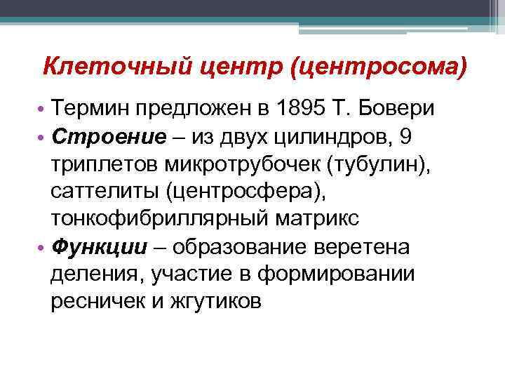 Клеточный центр (центросома) • Термин предложен в 1895 Т. Бовери • Строение – из