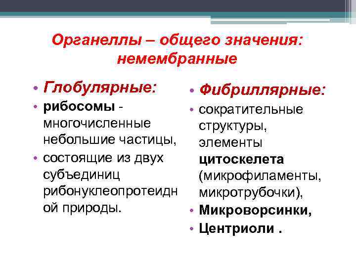 Органеллы – общего значения: немембранные • Глобулярные: • Фибриллярные: • рибосомы - • сократительные