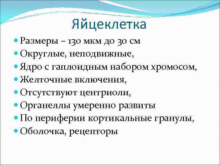 Яйцеклетка Размеры – 130 мкм до 30 см Округлые, неподвижные, Ядро с гаплоидным набором